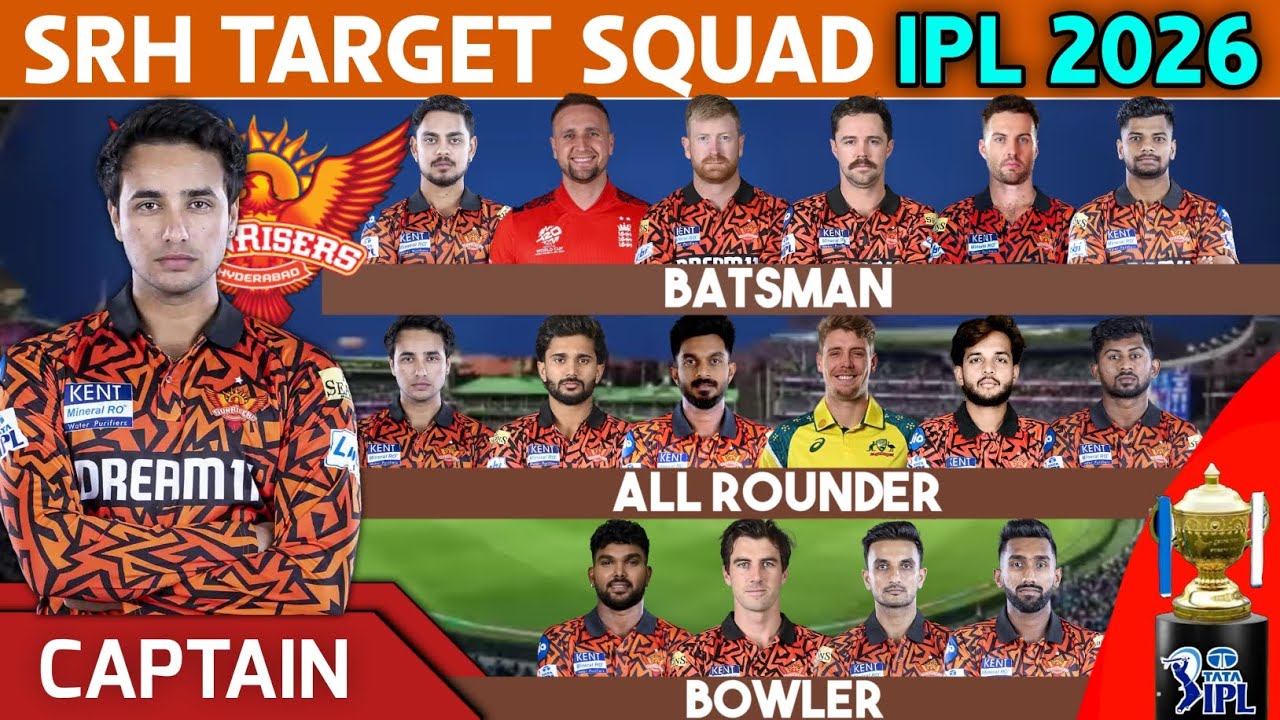 Целевой состав команды SRH на IPL 2026 | Состав SRH на IPL 2026 | Список игроков команды Sunriser...