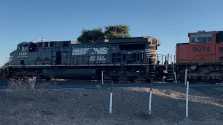 NS 4958 leads BNSF Light Power Move South - W, Sargent Road. Railroad Crossing, Lodi CA