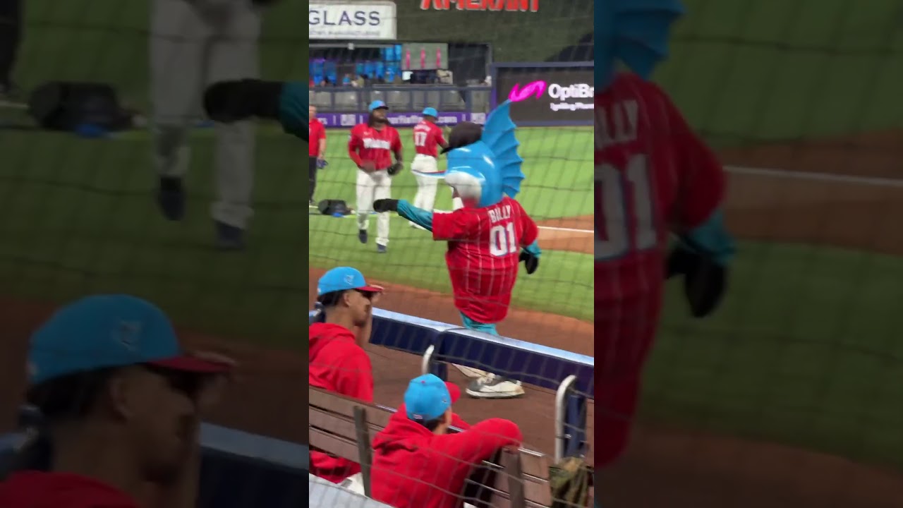 Miami Marlins Mascot Billy T. Marlin Entertains the Players 