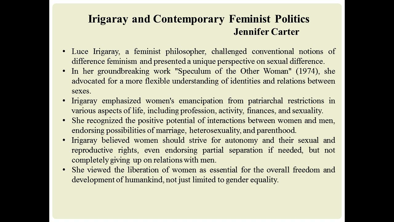 Jennifer Carter, "Irigaray and Contemporary Feminist Politics" (Summary)