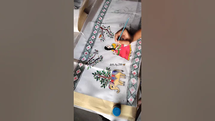 madhubani painting on dupatta #artwork #madhubanipainting #shorts #fabricpainting