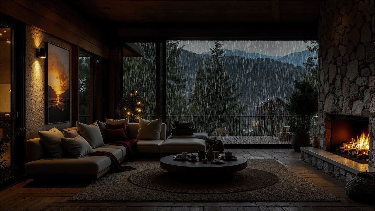 Rainfall in the Cozy Mountain House 🌧️ Gentle Fire & Peaceful Atmosphere for Sleep