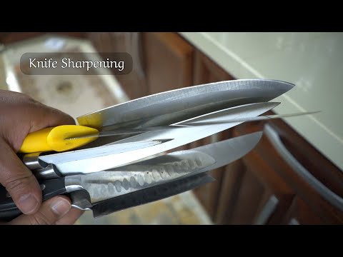 sharpening 8 knives using 1x30 belt sander. real time.
