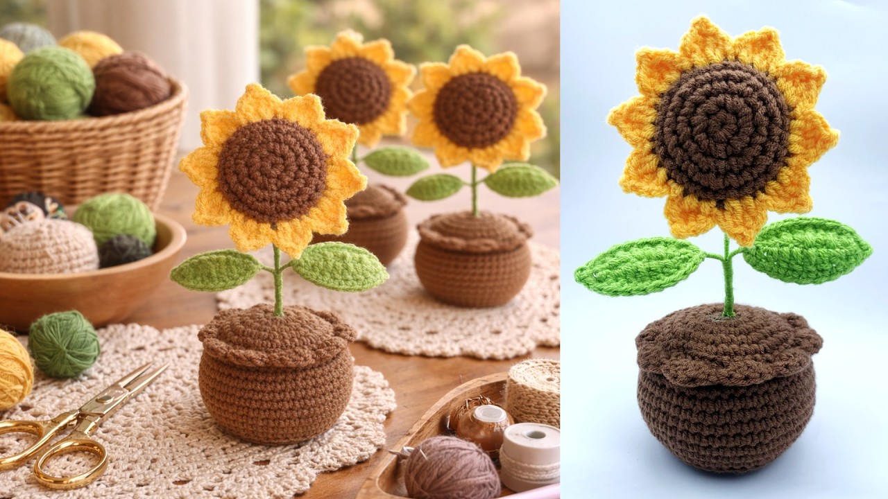 🌻 Crochet Sunflower Pot | Easy Decorative Flower Crochet Tutorial - YouTube