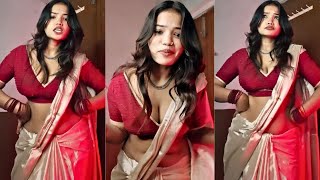 Trendy Saree D Style - Cream Color Silk Satin Saree Paired With Red Low V Neck Cotton Blouse