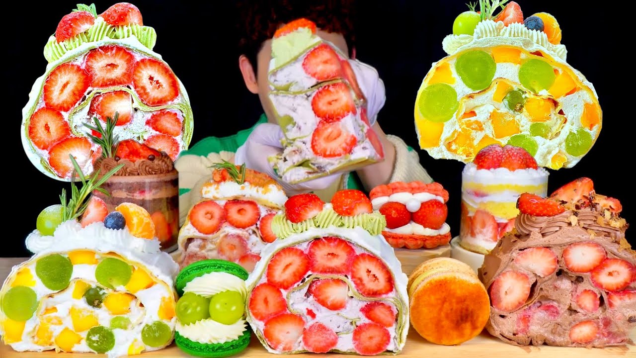 ASMR 크림이 넘쳐흐르는 크레페케이크🍰딸기 초코 후루츠 크림 케이크 먹방 Full Cream Crepe Cakes With Choco Strawberry Cake MuKbang