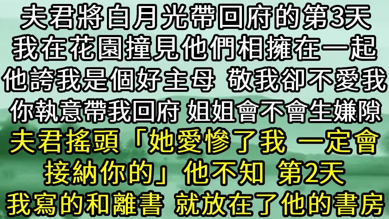 夫君將白月光帶回府的第3天，我在花園撞見他們相擁在一起。他誇我是個好主母，敬我卻不愛我。你執意帶我回府，姐姐會不會生嫌隙。夫君搖頭「她愛慘了我，一定會接納你的。」第二天，我寫的和離書，就放在了他的書房