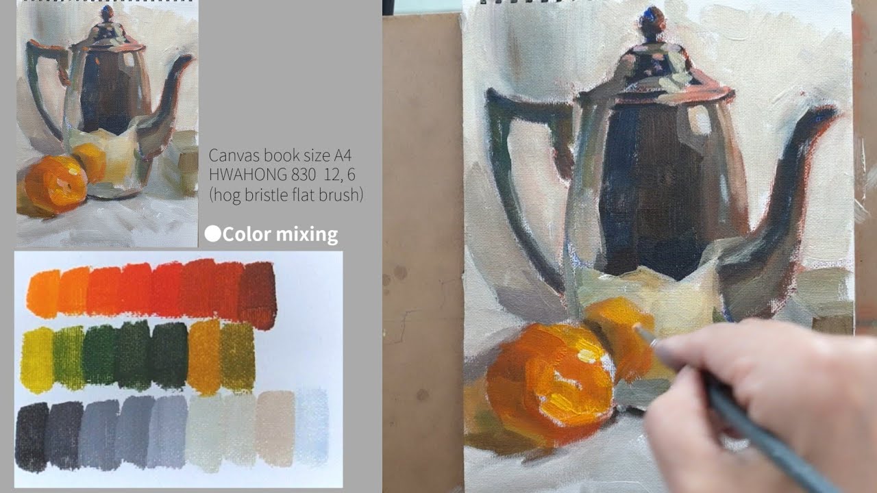 색 쉽게 만드는 비결? 소프트 파스텔과 아크릴물감 섞어쓰기 주전자와 귤 Acrylic painting for