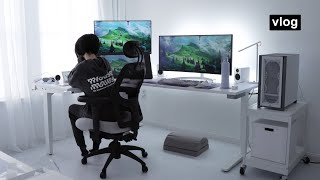 3D artist desk setup makeover / clean, white, minimal workspace, daily life vlog