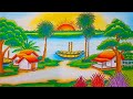 How to draw easy scenery drawing landscape village scenery with oil pastelriver village house draw