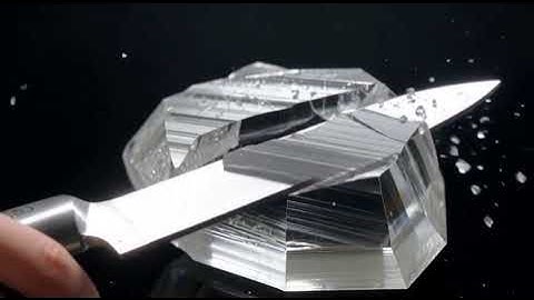 Super-sharp knife slices minerals—obsidian, quartz, sapphire, emerald—in impossibly real slow motion