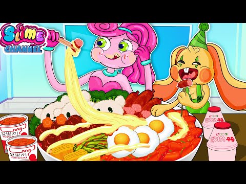 Mommy Long Legs vs Bunzo Mukbang Tteokbokki & Hot Dog & Cheese | Mukbang Animation | Slime Channel