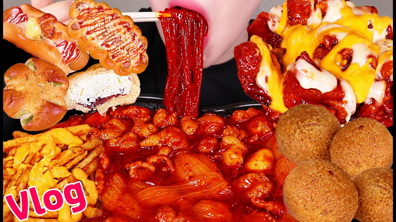 먹방 브이로그/ 맵찔이의 맵부심✨(두찜 한우대창맵닭발/핫치즈빅싸이순살+맘스터치 치즈볼/빵먹방/디저트먹방/피자빵,단팥빵,소세지빵,슈크림빵/치밥)