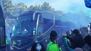 Everton players coach greeted by fans v Palace