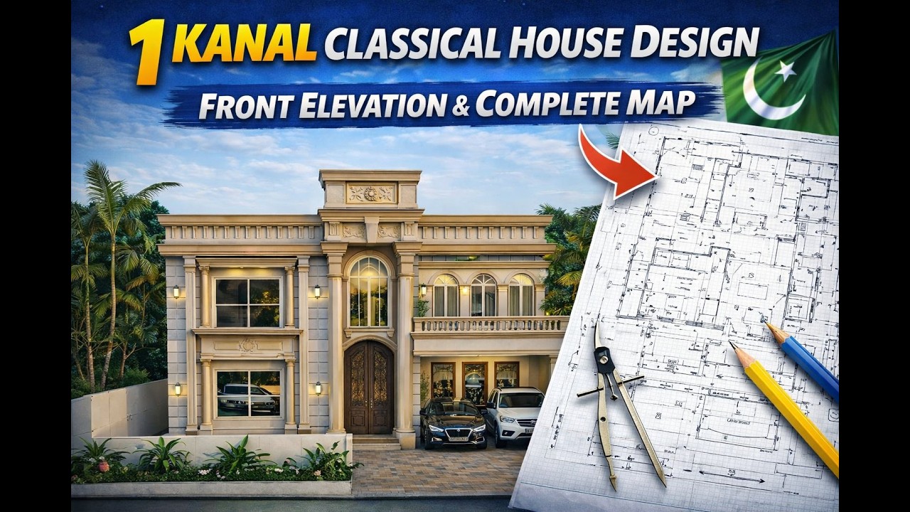 1 Kanal Classical House Design | Front Elevation & Complete Map Details | Pakistan