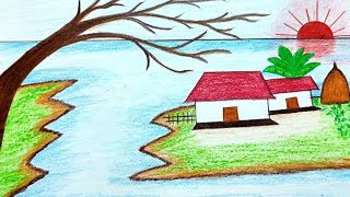 How to draw village | River nature drawing | Village scenery drawing with pencil colour