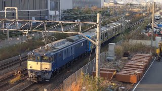 【鶴見線E131系新津配給】JR東日本 EF64 1032号機+E131系1000番台都ナハT05編成 配9645レ 国府津行 小倉跨線橋通過！[2023.11.27(月)]