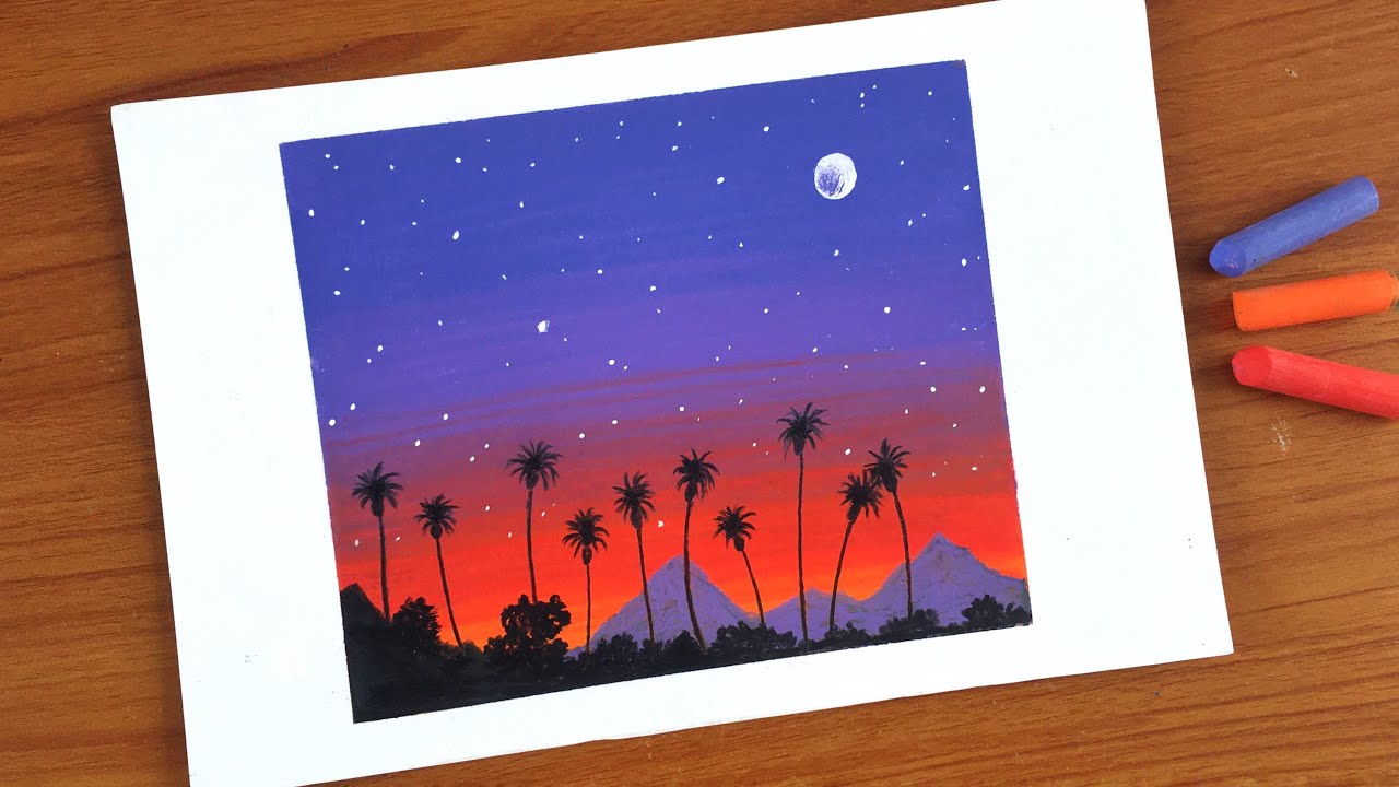 Oil Pastel Palm Trees Landscape Painting for beginners | Easy Oil Pastel Drawing