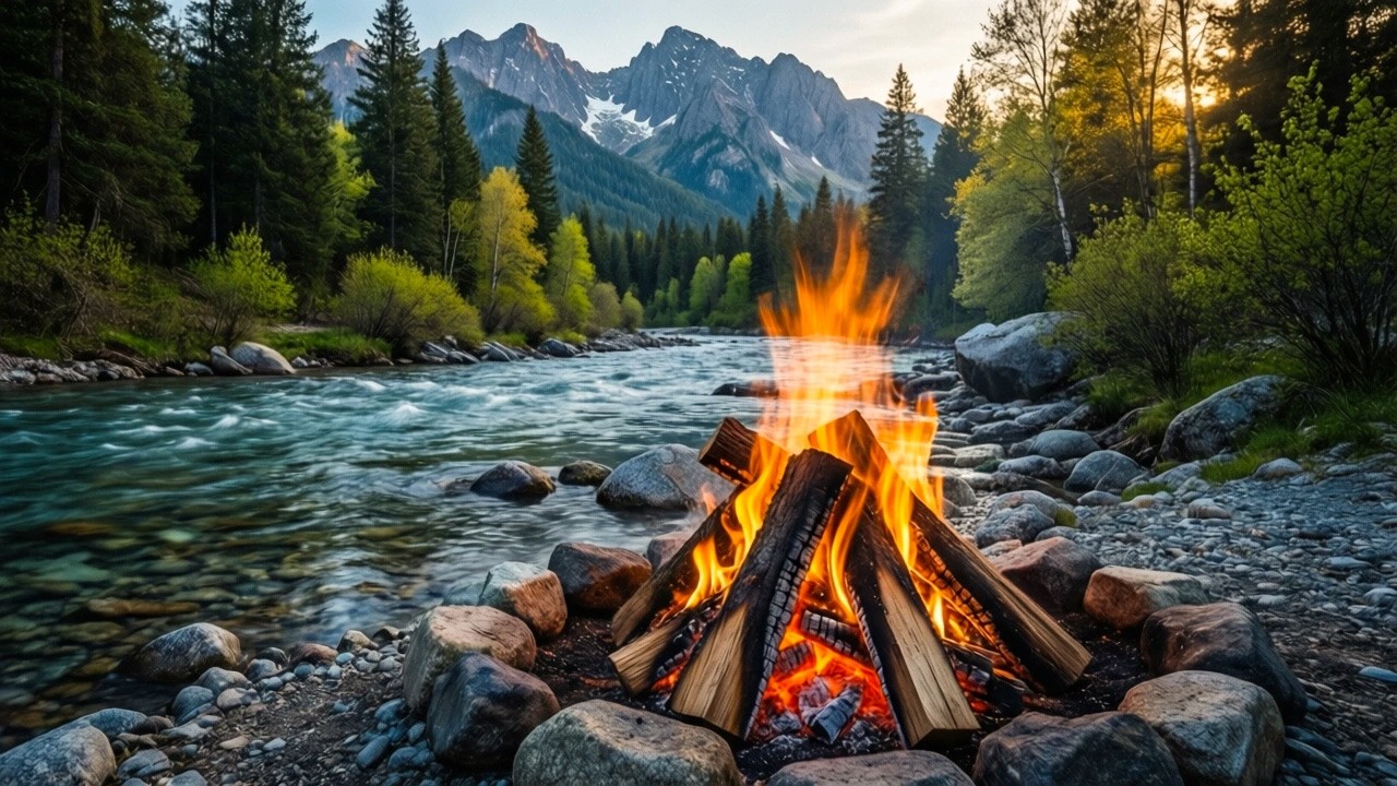 CAMPFIRE 4K 🔥🏔️ Calming Spring Forest Riverside with Gentle River & Nature Sounds Ambience