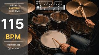 115 BPM Drum Loop | 8 Beat Pattern 1 - Basic Rock (No Fill) | 10 Min Practice