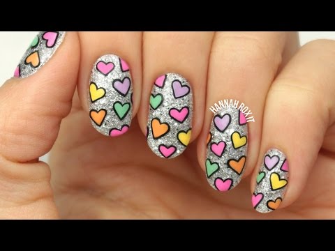 Valentine&#039;s Glitter &amp; Hearts Nail Art (freehand!)