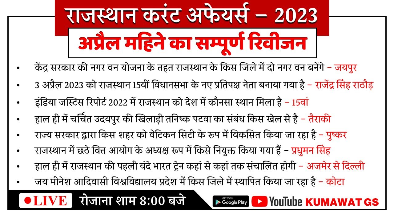 APRIL 2023 RAJASTHAN CURRENT AFFAIRS | TODAY CURRENT AFFAIRS | RPSC ...