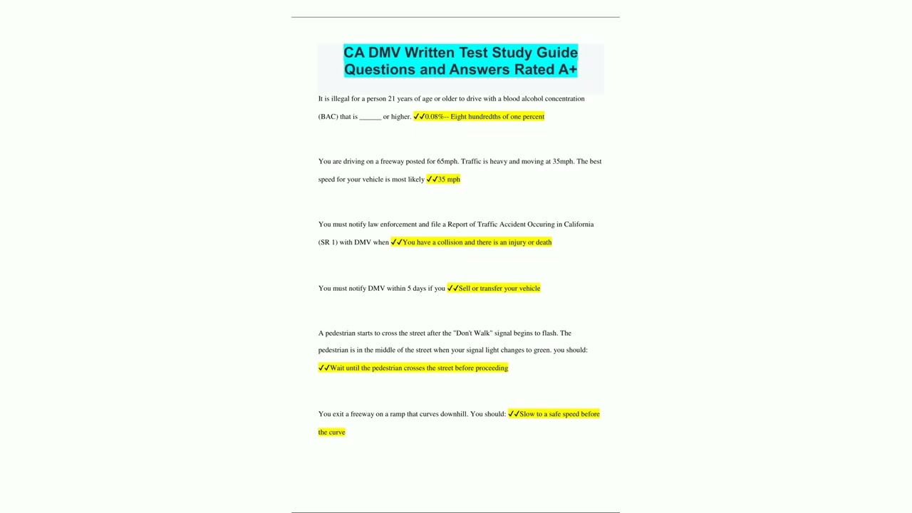 CA DMV Written Test Study Guide Questions and Answers Rated A8