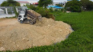 Amazing Construction Bulldozer Push Stone Skill Operator Making Foundation Village Road With Trucks