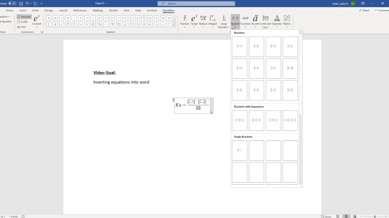 Gen Chem Excel Video 9 Inserting Equations into Word