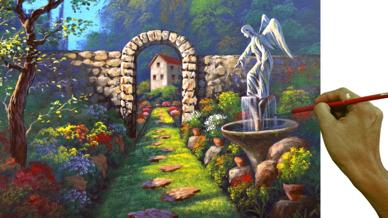 Acrylic Landscape Painting in Timelapse / Angel Statue in the Garden