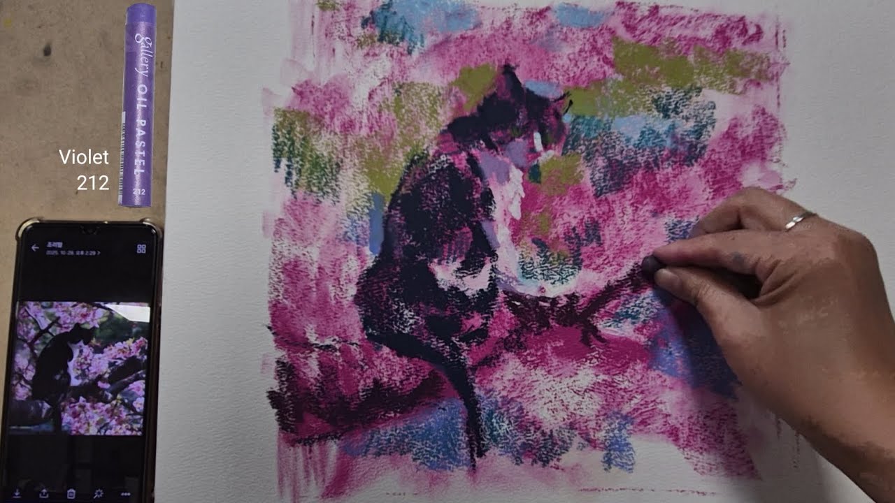 오일파스텔로 벗나무 위 고양이 그리는법 |미술수업공개 