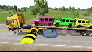 Flatbed Trailer Cars Transporatation with Truck - Pothole vs Car - BeamNG.Drive #26