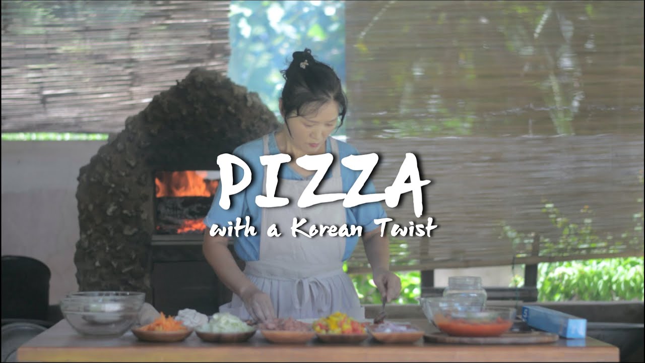 Korean in Philippine Countryside Outdoor Kitchen Making Pizza from Wood Fired Oven with a Twist