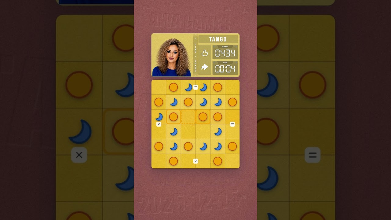 LinkedIn Tango #434 solved board for December 15, 2025, 6x6 grid