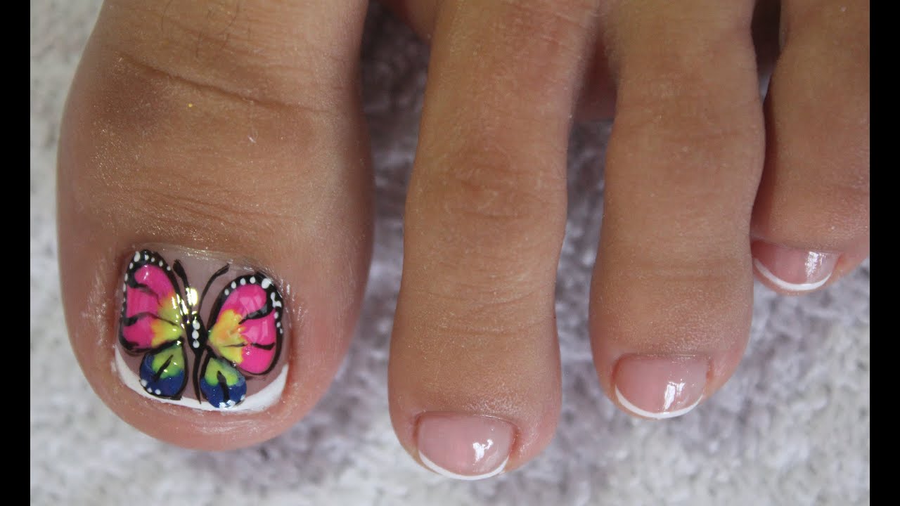 DISEÑO DE UÑAS PARA PIES MARIPOSA Y FRANCES - BUTTERFLY NAIL ART - FRENCH NAIL ART - NLC