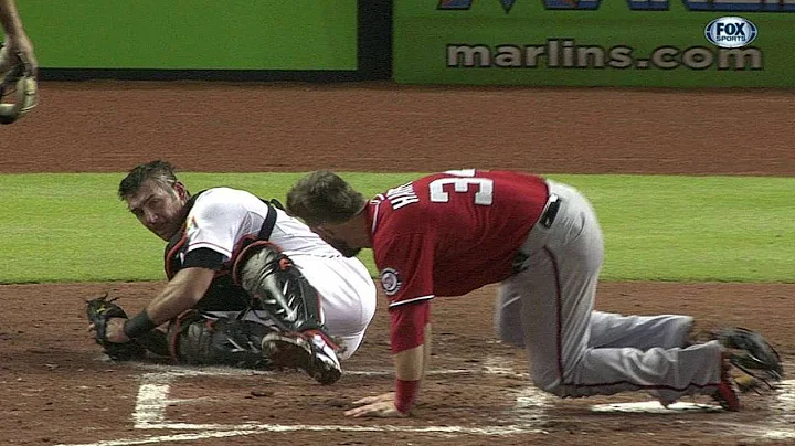 WSH@MIA: Harper runs over catcher to score first run