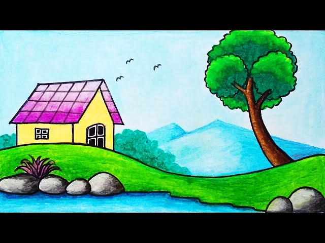 How To Draw Simple Scenery | Drawing House Scenery In Beach _ Oil Pastels  Drawing - YouTube
