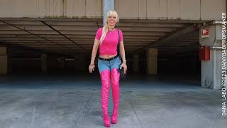 DANA LABO 4K - Barbie - inspired outfit , shiny pink boots overknee high heels and  blue jeans