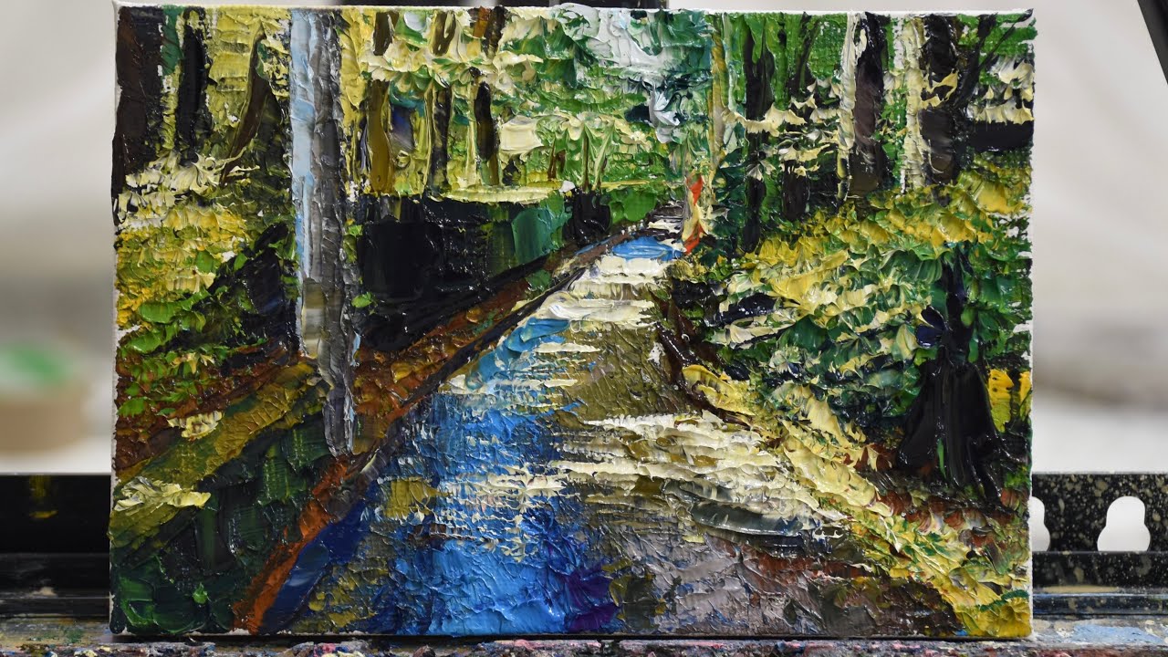 油絵 風景画】青いこもれびの道(軽井沢 風景)をペインティングナイフ