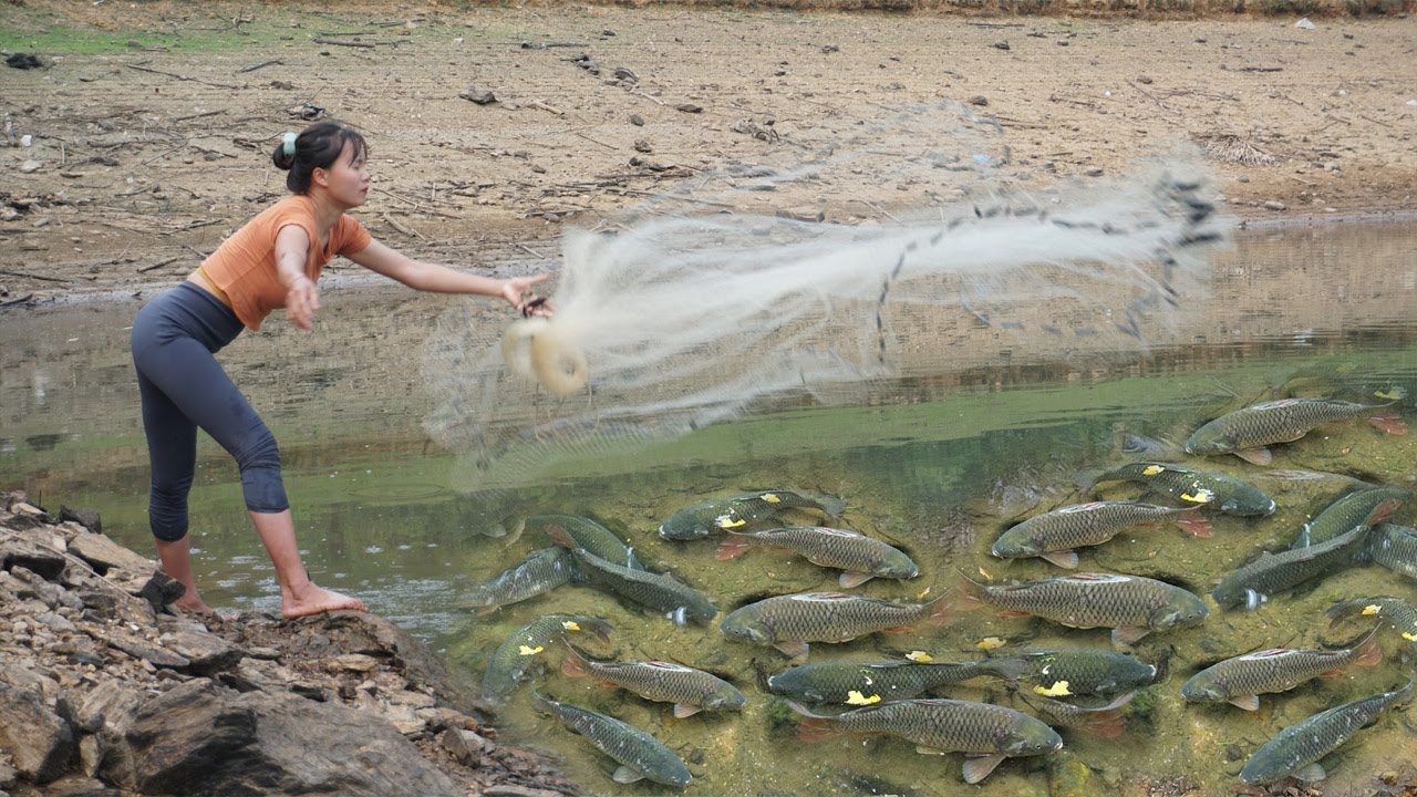 Fishing video: Catching fish with a net, girl fishing in a wild lake ...