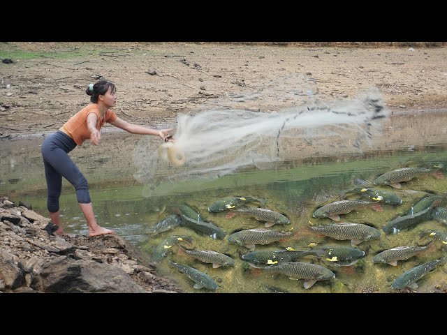 Fishing video: Catching fish with a net, girl fishing in a wild lake -  Harvesting fish to sell 