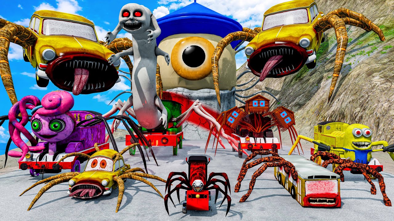 ALL MONSTERS Big & Small Cars vs Downhill Madness with LIGHTHOUSE & DOUBLE CAR EATER  BeamNG.Drive