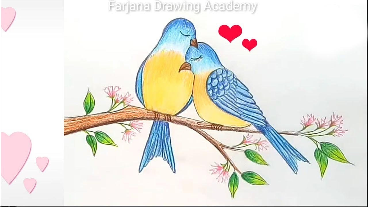 How To Draw Two Birds In Love Step By Step Bird Drawings Love Birds Drawing Cute Easy Drawings