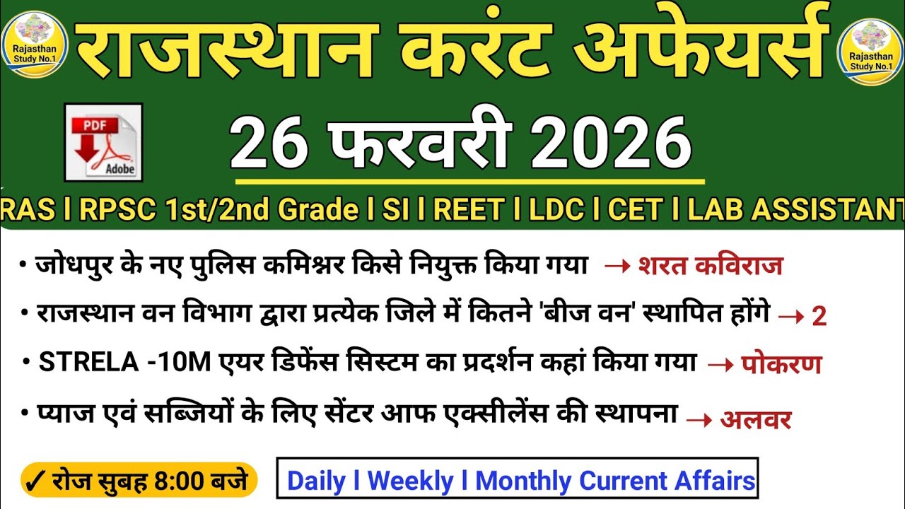 26 February 2026 Rajasthan Current Affairs in hindi l Today Current Affairs l RAS l SI l LDC l CET 