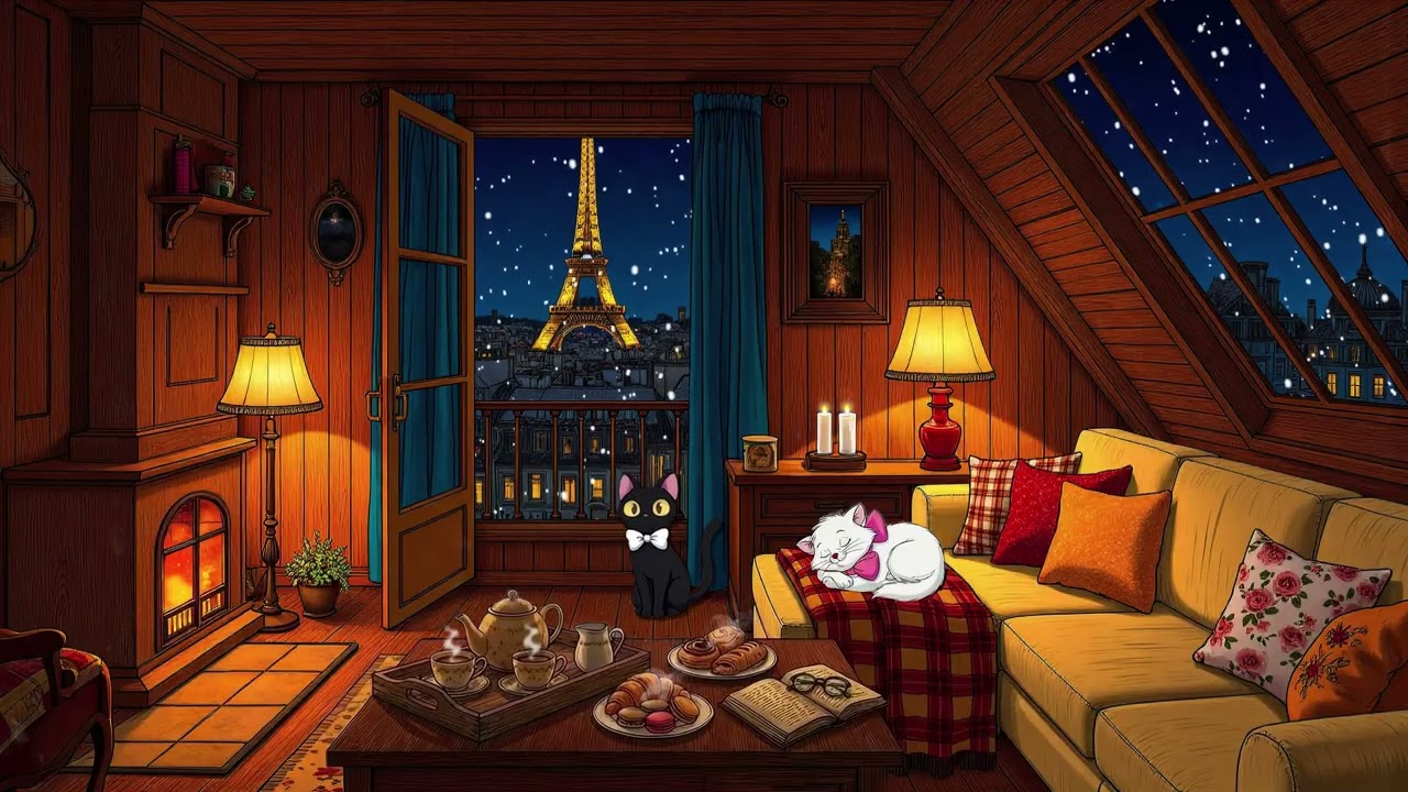 1930s Vintage Oldies Playing In Another Room While Snow Falls For Unwind crackling fireplace