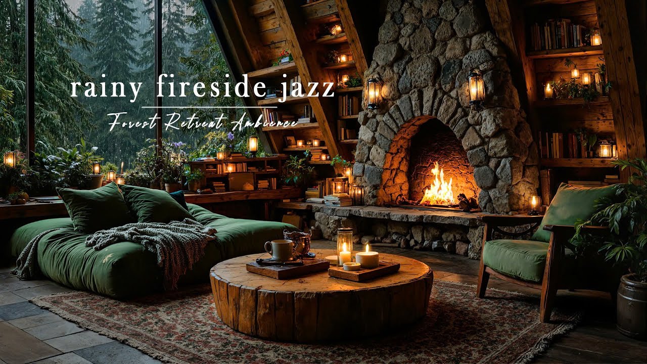 Rainy Fireside Jazz in a Forest Cabin  Cozy Fireplace & Rain Sounds for Sleep