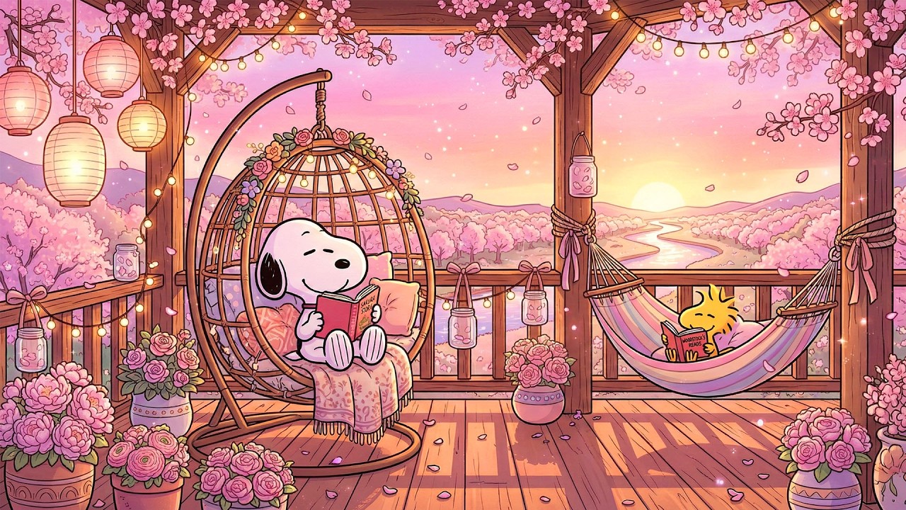 Весенний закат, джаз со Снупи 🌸🌅 | Уютная атмосфера цветущей сакуры для учебы и отдыха