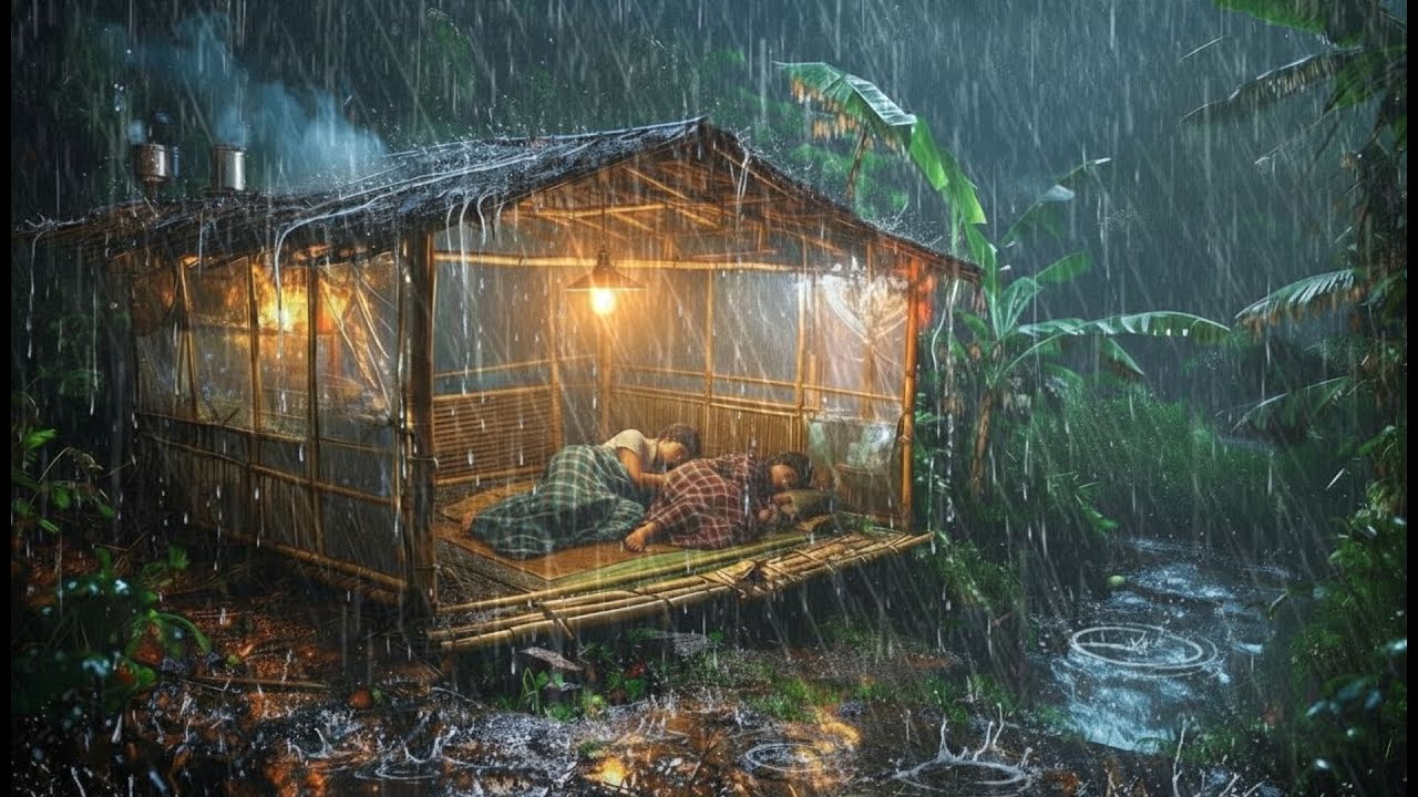 Кемпинг в сильный дождь и грозу ‼️ Трудности при строительстве бамбукового дома под дождем