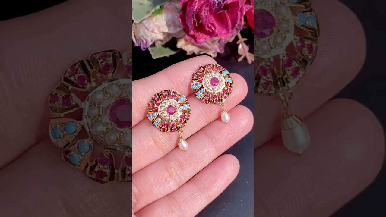 Ruby Pearl Turquoise Jadau Studs in 22ct Gold GER 097