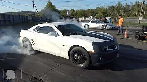 Chevy Camaro vs Two Corvette Drag racing @ Island Dragway